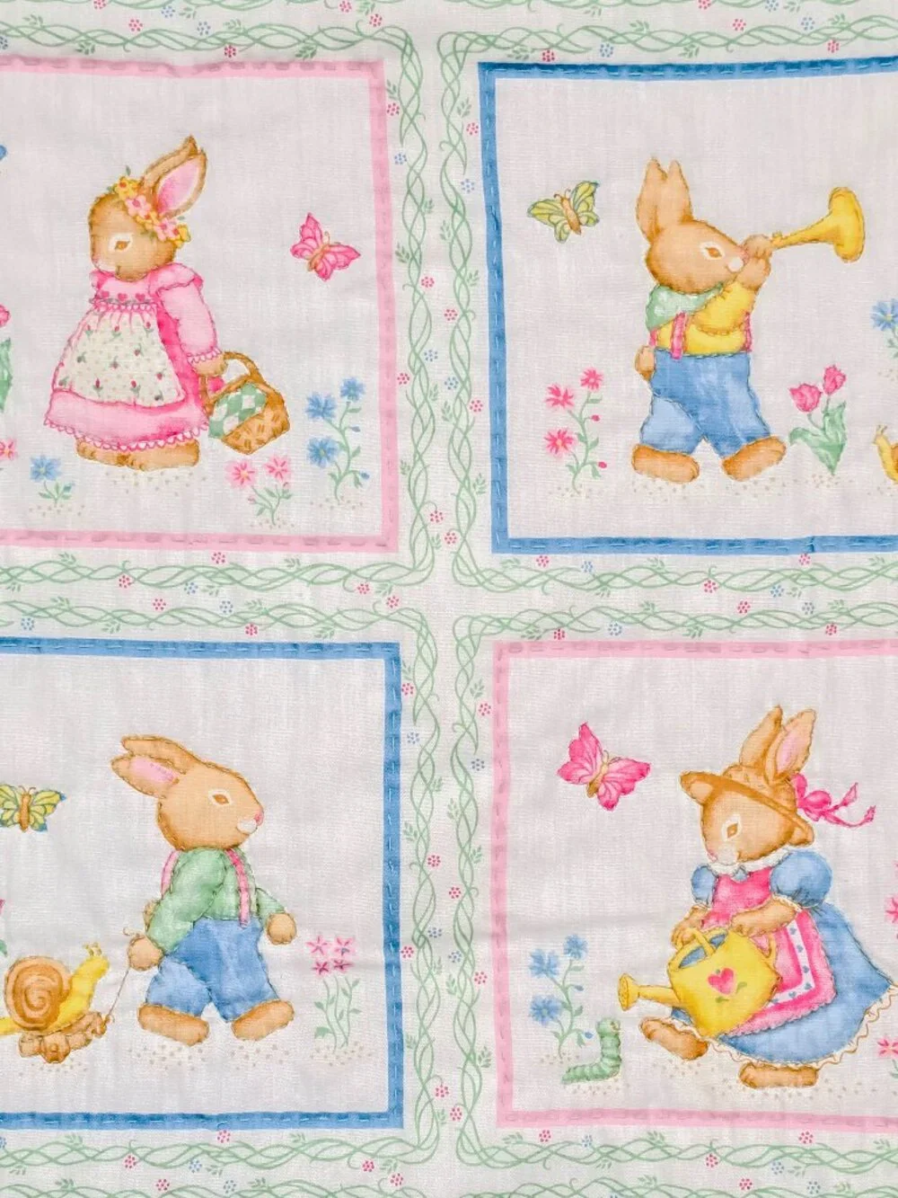 VTG 1990s Handmade Baby Quilt Cottagecore Bunny Rabbit Embroidery Blanket